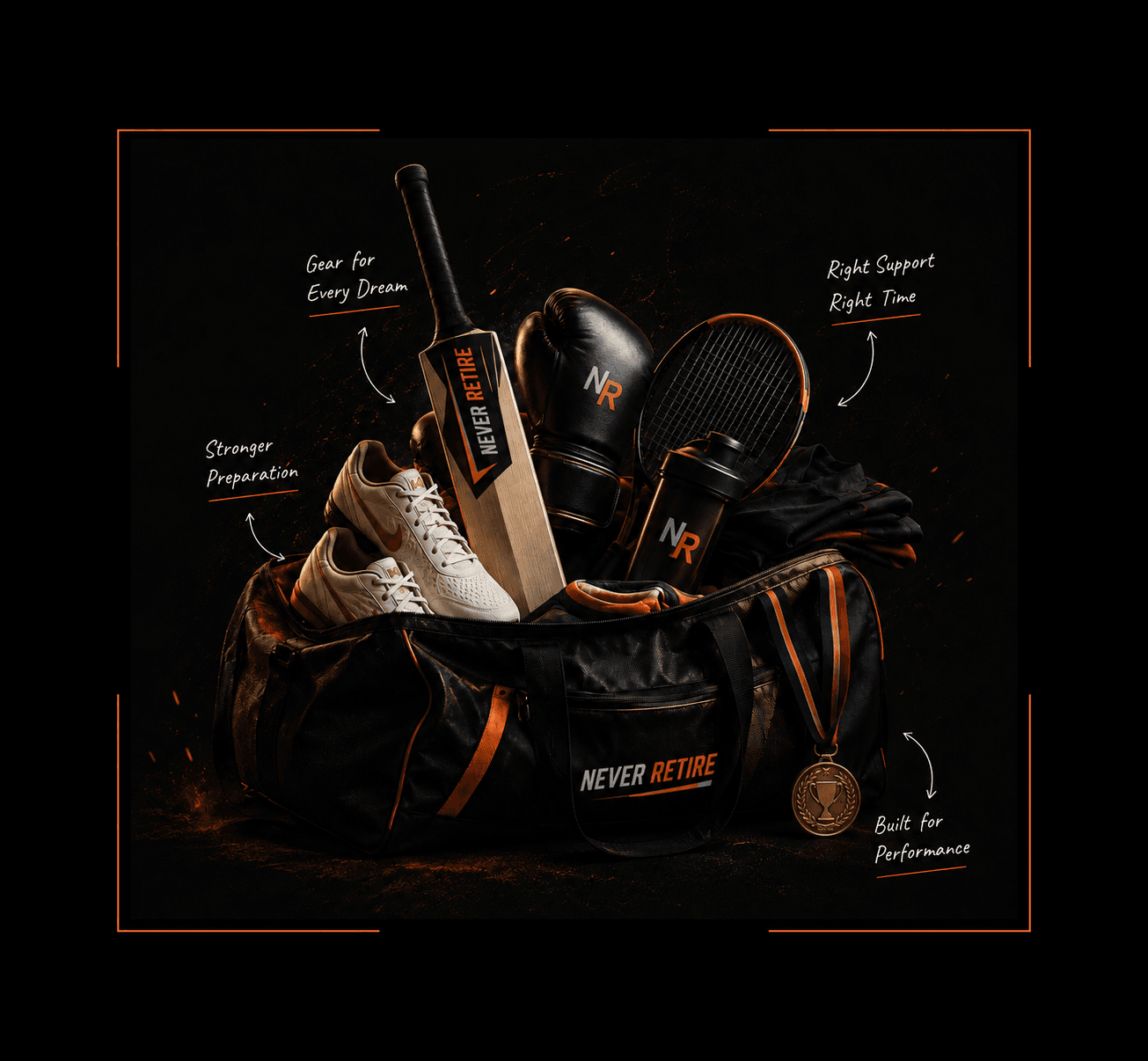 A kit bag full of sports equipment with verified labels